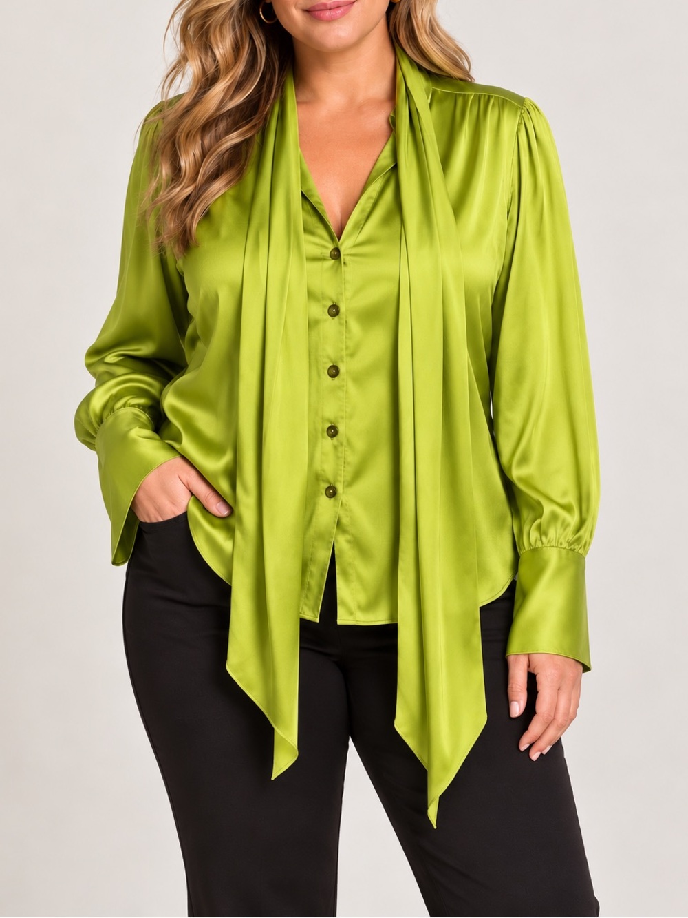 Ellen Tracy Silk Chartreuse Tie Neck Blouse Size 16